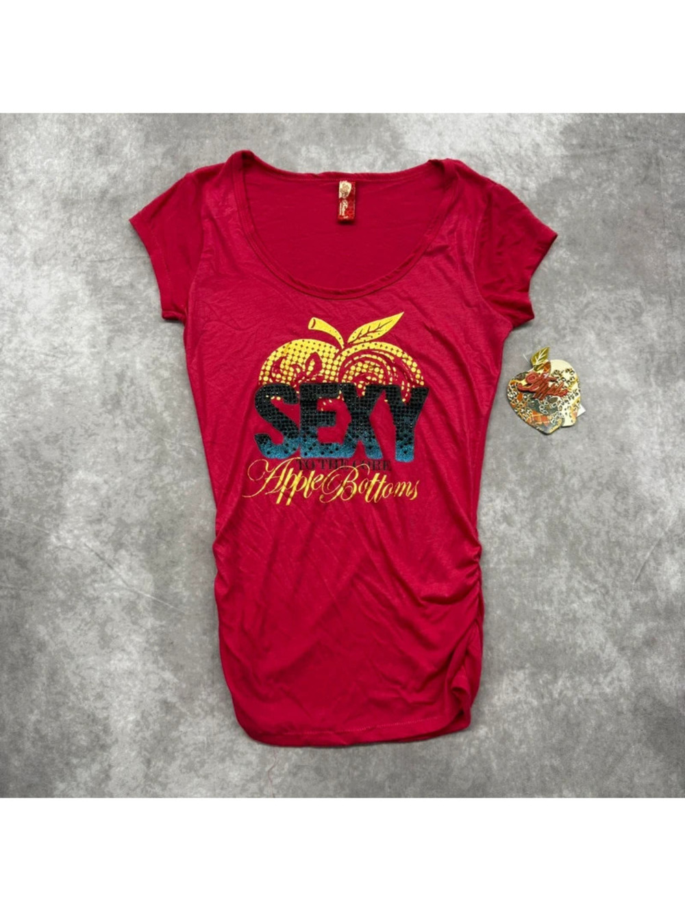 Vintage Y2K Apple Bottoms Red Gold Foil Rhinestone Sexy Graphic Shirt Small